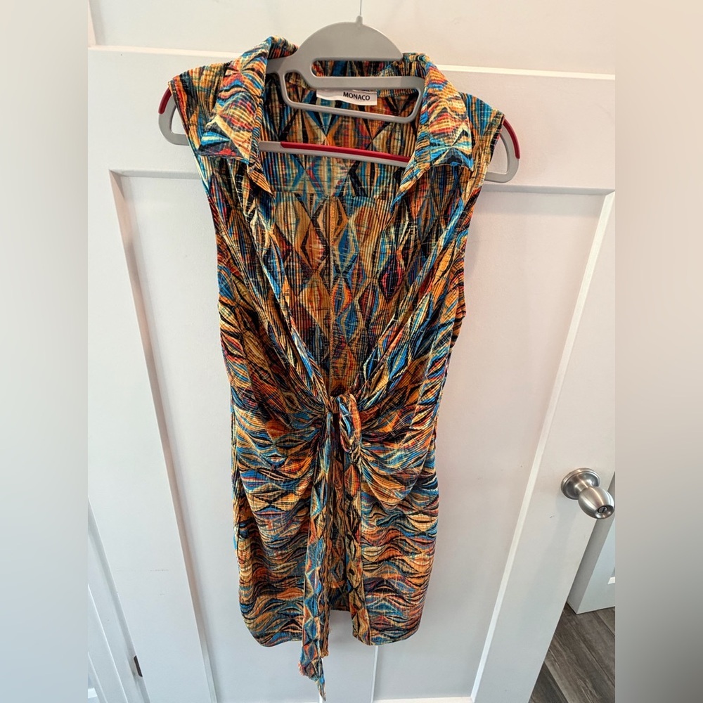 Monaco Pleated Mini Dress Tie Front Colorful Abstract Sleeveless Stretch Large